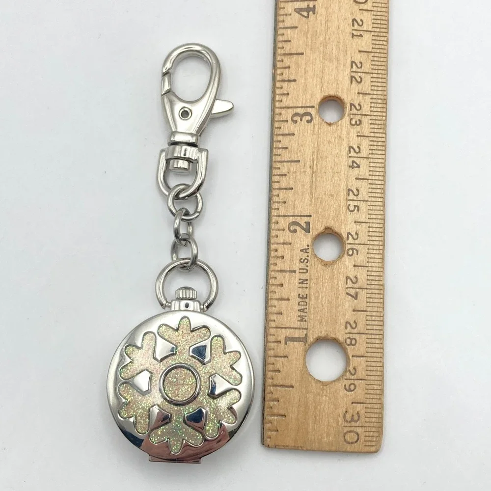 Women's Key Ring Watch Snowflake Silver Tone Blue Dial Winter 32mm New Battery